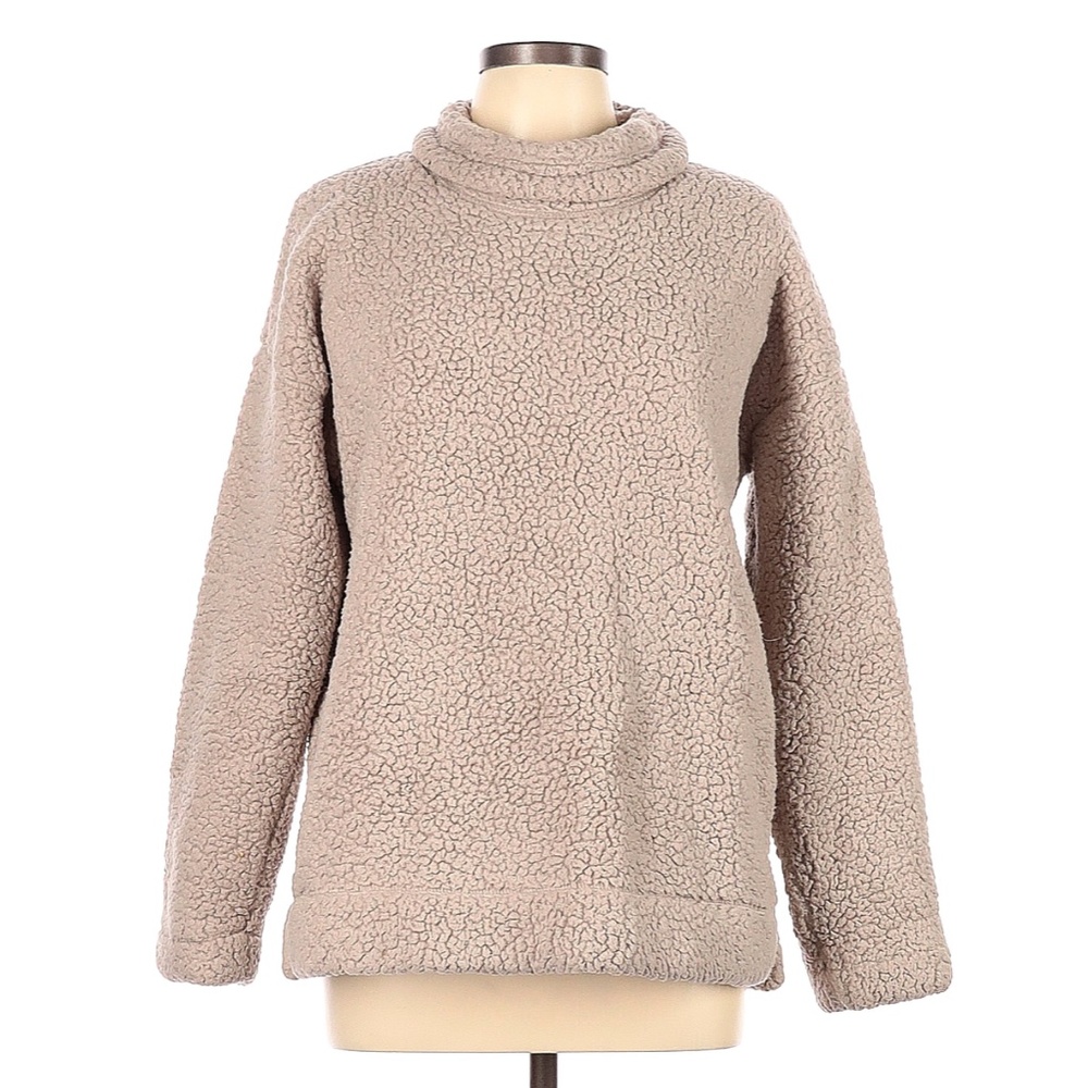 Jones New York Fleece Sweater Large Tan Beige Mock Neck